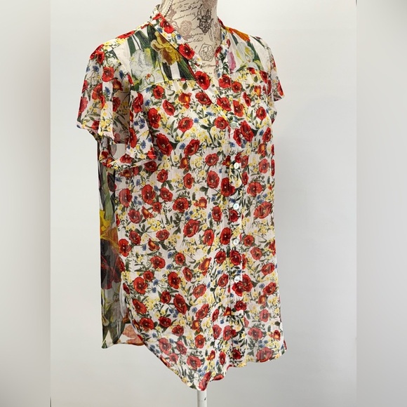 FIGUEROA & FLOWER Red and yellow sheer floral print top size PXL - Picture 2 of 13